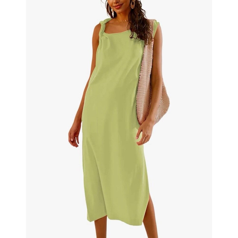 🌿🎨 NEW Riatour XS Pale Green Midi Dress –  Asymmetric Straps, Cotton, Pockets